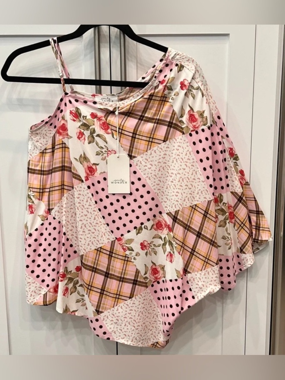 One-Shoulder Patchwork Pink Tank Top by Emily Wonder